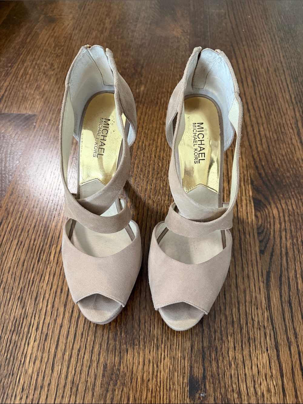 MICHAEL Michael Kors Nude Suede Crisscross Peep-Toe Heels